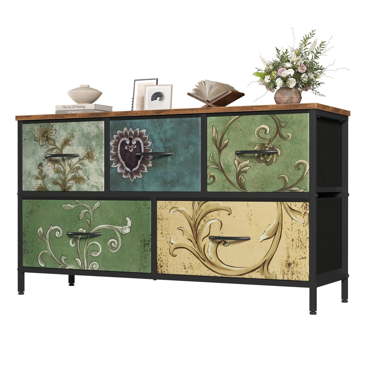 5-Drawer Wide Dresser with Fabric Bins – Freestanding Wood Frame Chest of Drawers, Low Profile Compact Storage Organizer for Bedroom, Hallway, Living Room & Closet, Space-Saving Furniture in Khaki/Green