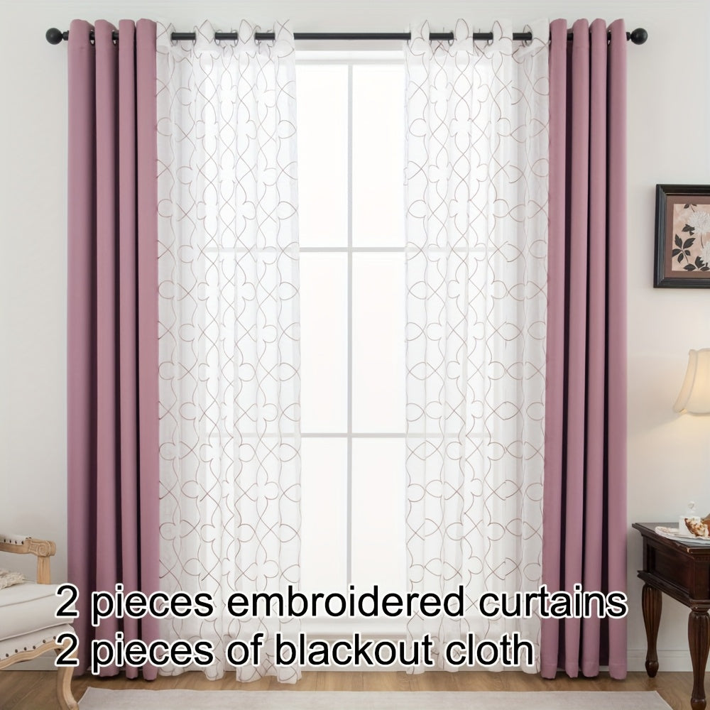 Blackout Curtains 4-Pack – Geometric Embroidery Grommet Top, Sun-Blocking Heat-Insulating Room Darkening Drapes, Living Room Bedroom Dining, All-Season, 4 Colors 5 Sizes