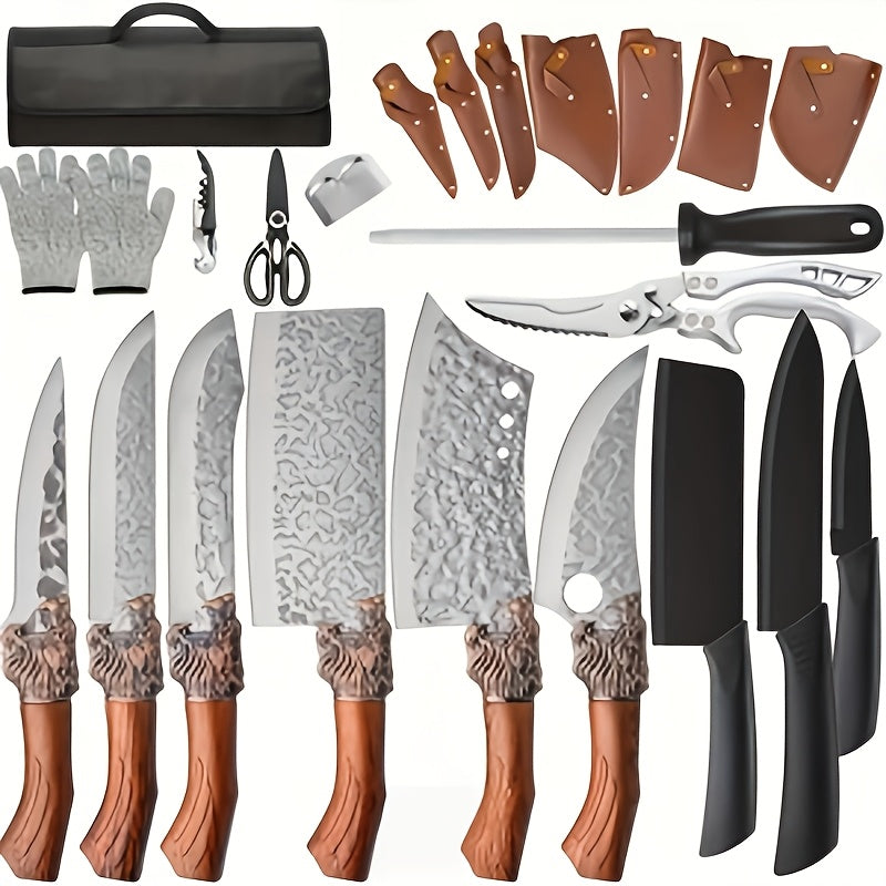 Professional Kitchen Knife Set with Forged Carbon Steel Blades, Full Tang Chef's, Meat, Carving & Cleaver Knives Plus Poultry Shears, Upgraded Version, Perfect Gift for Women & Home Cooks