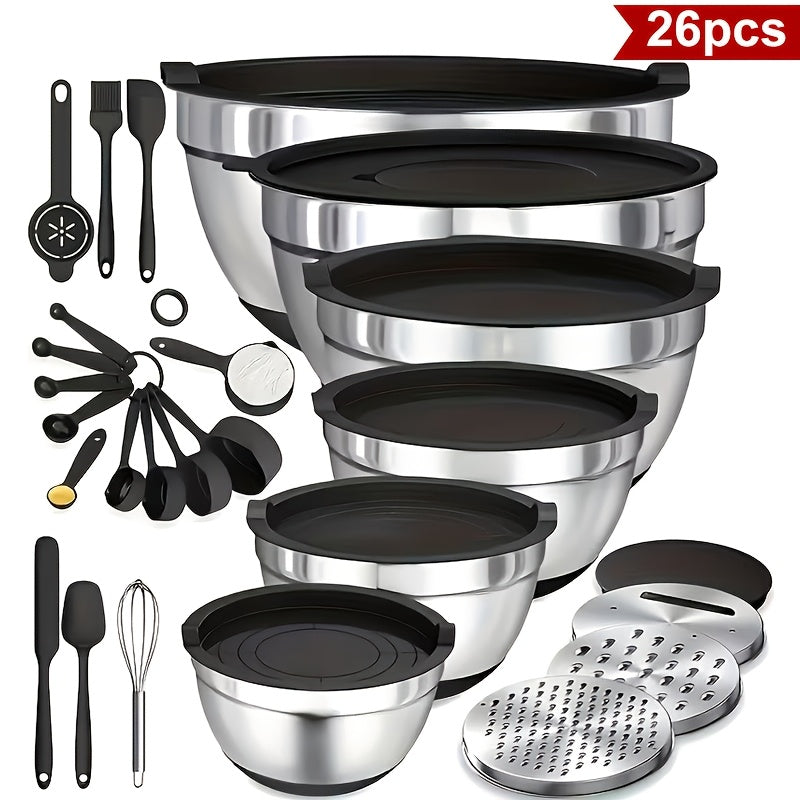 26-Piece Stainless Steel Mixing Bowl Set with Airtight Lids & 3 Grater Attachments - Non-Slip Bottoms | 6 Sizes: 1–7 QT