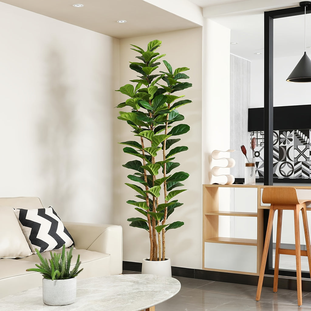 Artificial Fiddle Leaf Fig Tree 5ft Tall Faux Ficus with White Planter Natural Wood Trunk Fake Moss for Indoor Outdoor Living Room Office Porch Home Decor
