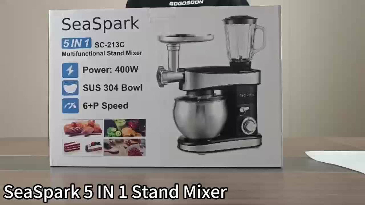 Stand Mixer 6-in-1 with 6.3QT Stainless Steel Bowl, 400W 6-Speed Tilt-Head Kitchen Mixer with Dough Hook, Egg Beater, Whisk, Juicer & Meat Grinder Attachments