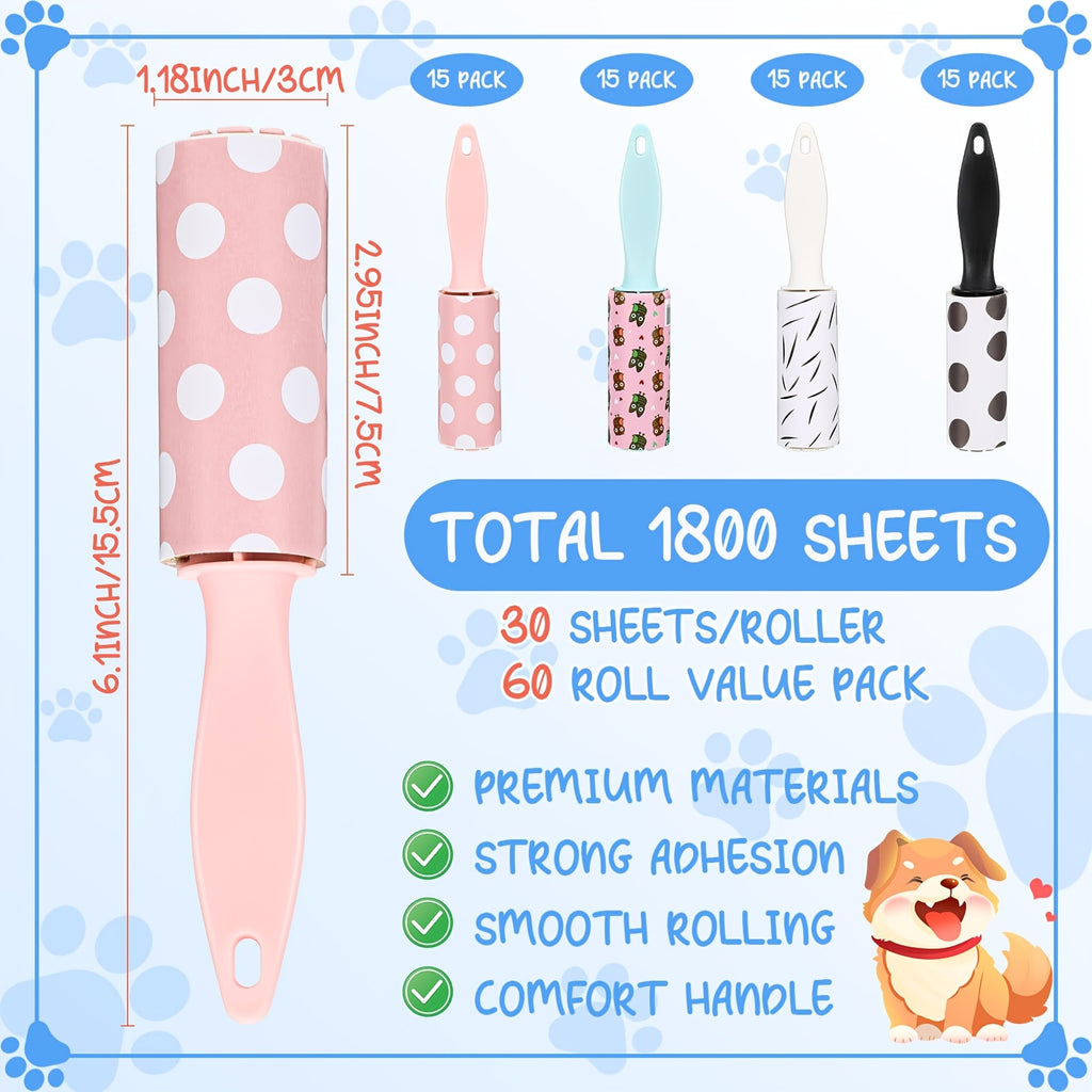 Mini Lint Rollers 60pcs Bulk Pet Hair Remover Portable Travel Size Sticky Roller for Clothes Furniture Car Seats 4 Colors 4 Patterns Polka Dots Stripes Paw Prints
