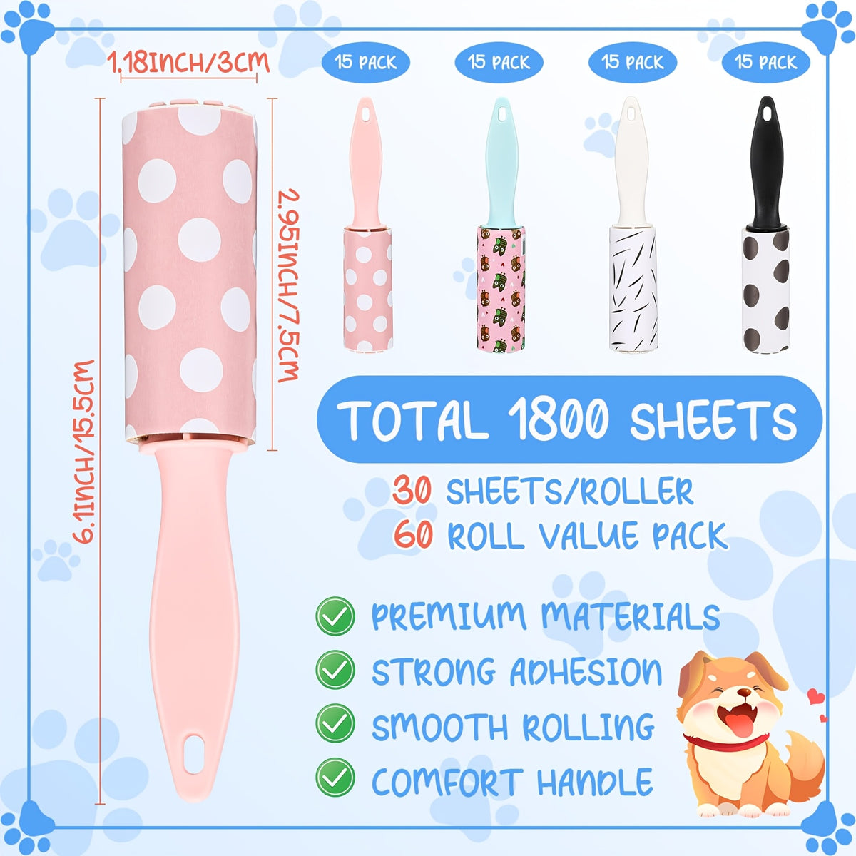 Mini Lint Rollers 60pcs Bulk Pet Hair Remover Portable Travel Size Sticky Roller for Clothes Furniture Car Seats 4 Colors 4 Patterns Polka Dots Stripes Paw Prints