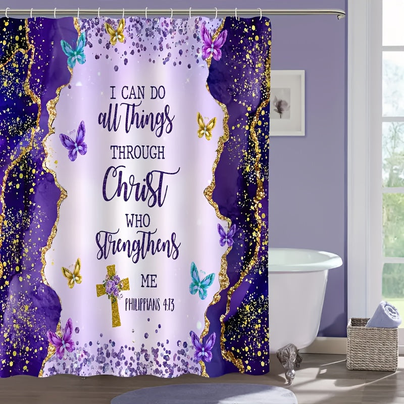 Christian Bible Verse Shower Curtain Set 4 Piece with Hooks Anti-Slip Toilet U-Shaped Pad & Lid Cover – Inspirational Faith Bathroom Decor Gift