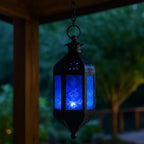 Moroccan Hanging Candle Lantern with Chain – Vintage Boho Style Iron & Glass Tealight Holder for Home, Patio, Garden, Wedding & Ramadan Decor (23.5" Overall)