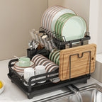 2-Tier Dish Drying Rack with Drainboard – Large Carbon Steel Dish Drainer with Glass & Utensil Holders, Drying Mat, Rust-Resistant, for Kitchen Countertop – Foldable & Double Layer Options