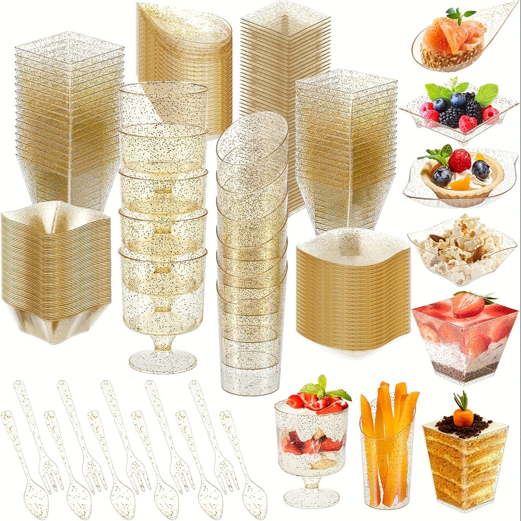 160 Piece Gold Mini Appetizer Plates Dessert Cups Spoons Forks Set Disposable Plastic Parfait Cups Party Serving Set