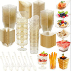 160 Piece Gold Mini Appetizer Plates Dessert Cups Spoons Forks Set Disposable Plastic Parfait Cups Party Serving Set