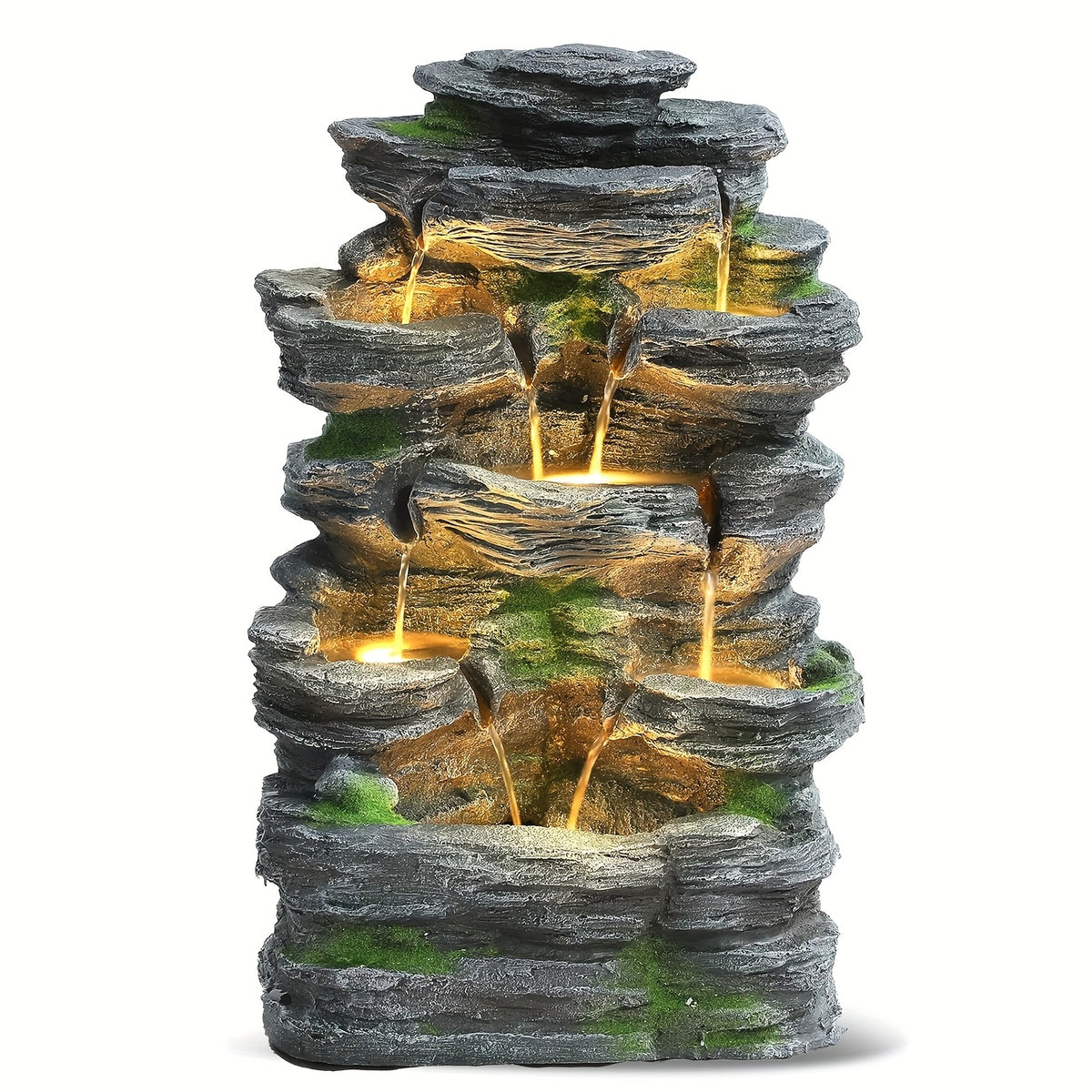 Indoor Cascading Rock Water Fountain 7-Tier with 6 LED Lights – Tabletop Waterfall Fountain Stone Look Resin, Soothing Zen Decor for Living Room, Office, Bedroom & Home Spa Relaxation