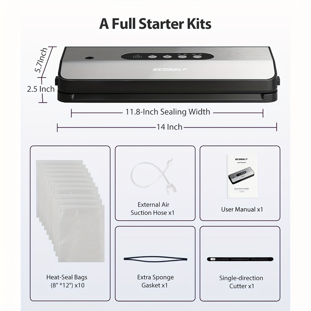 Vacuum Sealer Machine 8-in-1 65kPa Stainless Steel with Built-In Cutter, 10 Bags & External Vacuum Port – Food Sealer for Food Storage & Sous Vide, Model SJ2090