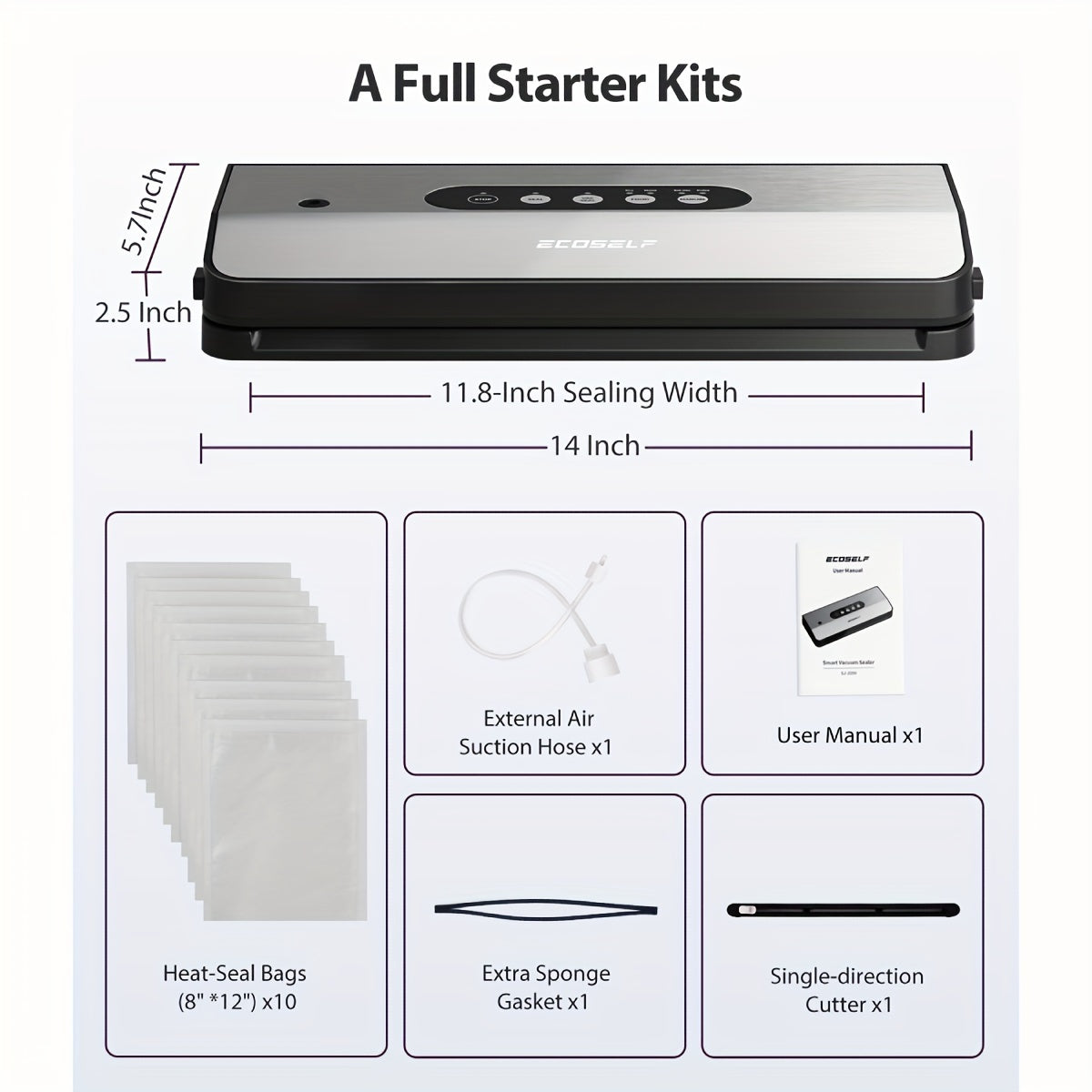 Vacuum Sealer Machine 8-in-1 65kPa Stainless Steel with Built-In Cutter, 10 Bags & External Vacuum Port – Food Sealer for Food Storage & Sous Vide, Model SJ2090