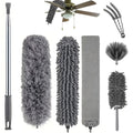 Extendable Microfiber Duster Set 7 Piece, Extra Long 100 Inch Dusting Wand with Stainless Steel Handle, Bendable Corner Broom for Ceiling Cobwebs, Washable & Reusable, Grey