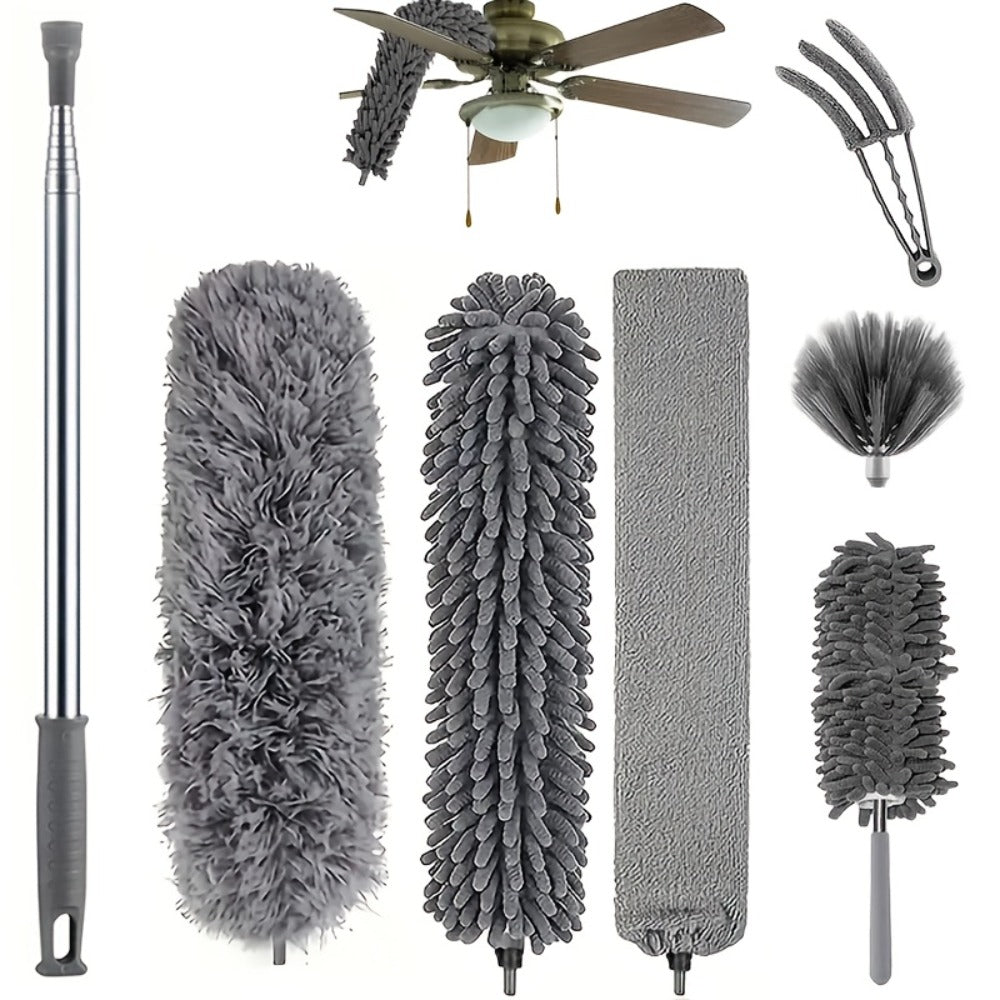 Extendable Microfiber Duster Set 7 Piece, Extra Long 100 Inch Dusting Wand with Stainless Steel Handle, Bendable Corner Broom for Ceiling Cobwebs, Washable & Reusable, Grey