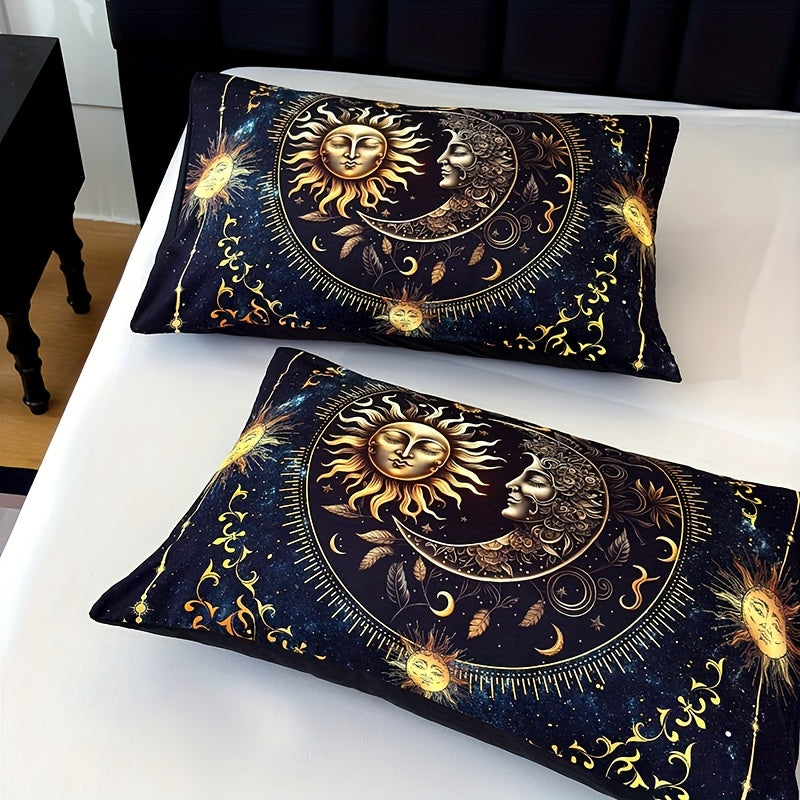 Sun Moon Planet Quilt Set 3 Piece – Golden Celestial Digital Print 180GSM Comforter with 2 Pillowcases, Soft Breathable Bedroom Dorm Decor Bedding King Size