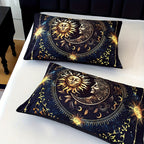 Sun Moon Planet Quilt Set 3 Piece – Golden Celestial Digital Print 180GSM Comforter with 2 Pillowcases, Soft Breathable Bedroom Dorm Decor Bedding King Size