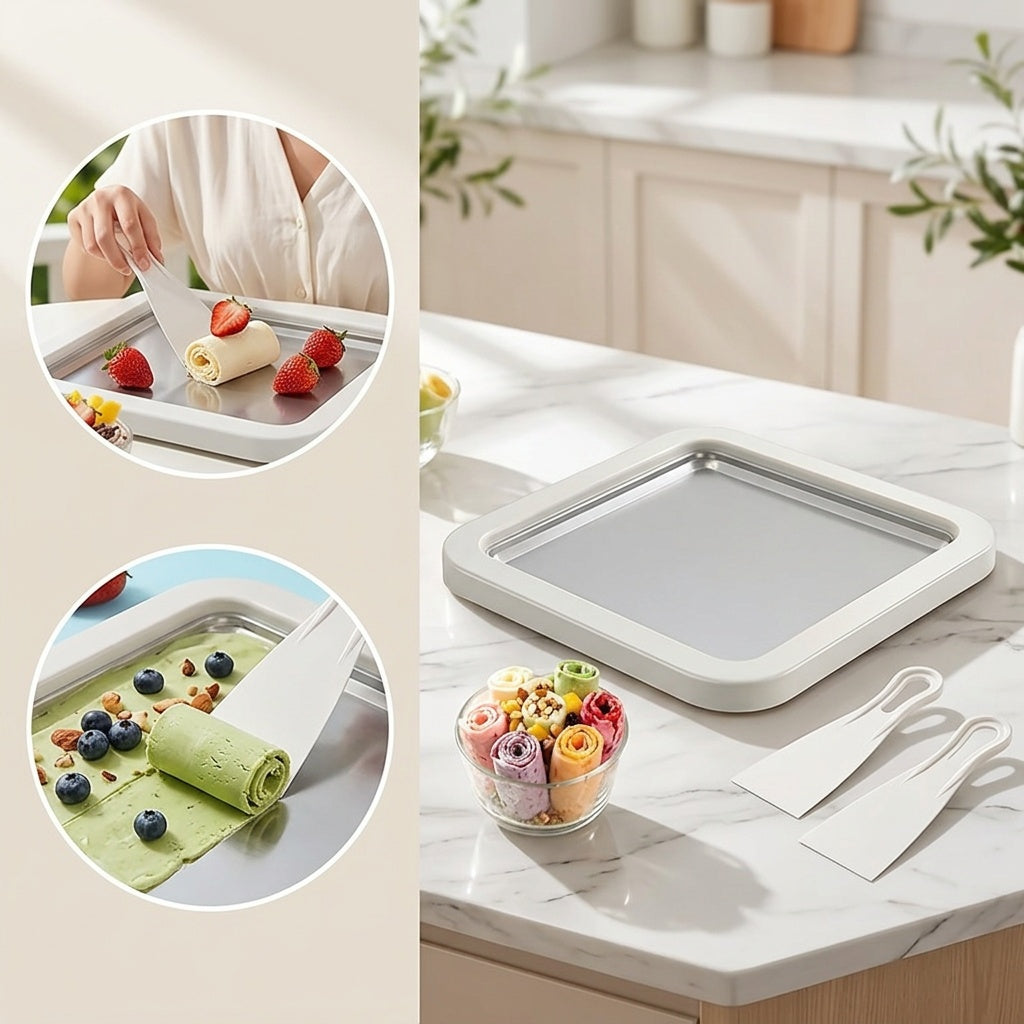 Portable Mini Ice Cream Roll Machine – Quick-Freeze Plate & Stainless Roll Maker for Homemade Frozen Yogurt & Ice Cream | Parties, Picnics & Home Use | Pink & White