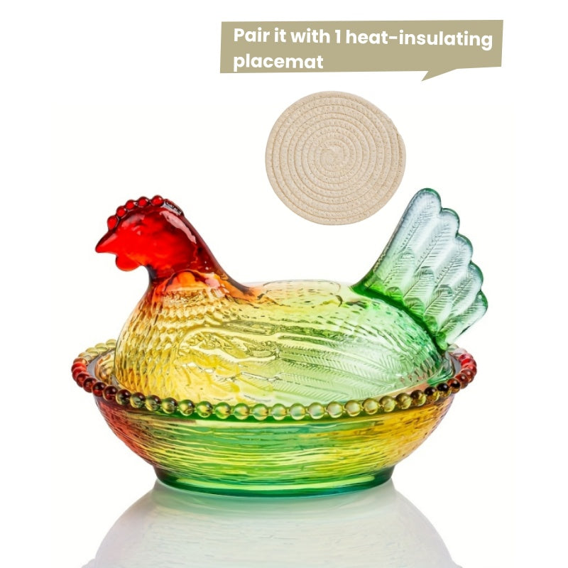 Chicken Shaped Crystal Glass Storage Jar with Lid & Placemat – Candy Colored Decorative Dish for Candy, Snacks, Jewelry & Desktop Decor