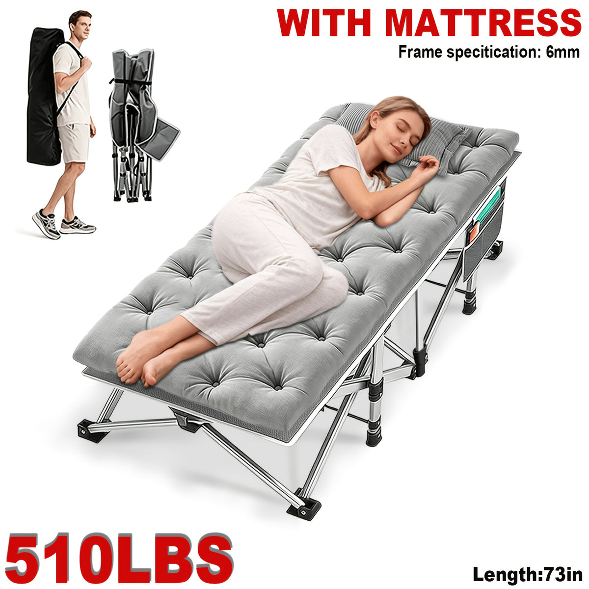 Portable Folding Camping Bed 28in Wide Heavy Duty 510 710 lbs with Optional Mattress Cushion Pillow Carry Bag Cot for Office Nap Beach Yard RV Adult