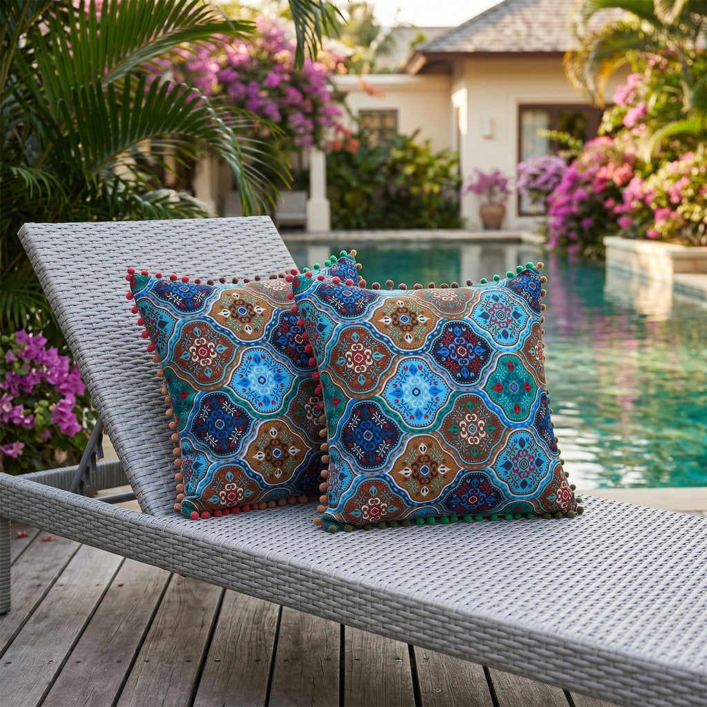 2-Pack Turkish Moroccan Throw Pillows with Inserts Reversible Floral Boho Decorative Pillow 18x18 Inch Polyester Square Cushion Zip Cover for Sofa Couch Bedroom Living Room 7 Colors