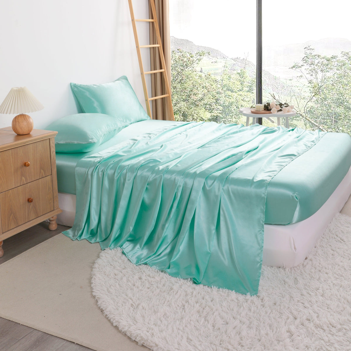 Cooling Satin Bed Sheet Set 4-Piece – Hypoallergenic Breathable Deep Pocket Flat & Fitted Sheet with Pillowcases, 300 GSM, 15 Colors, Twin to Cal King