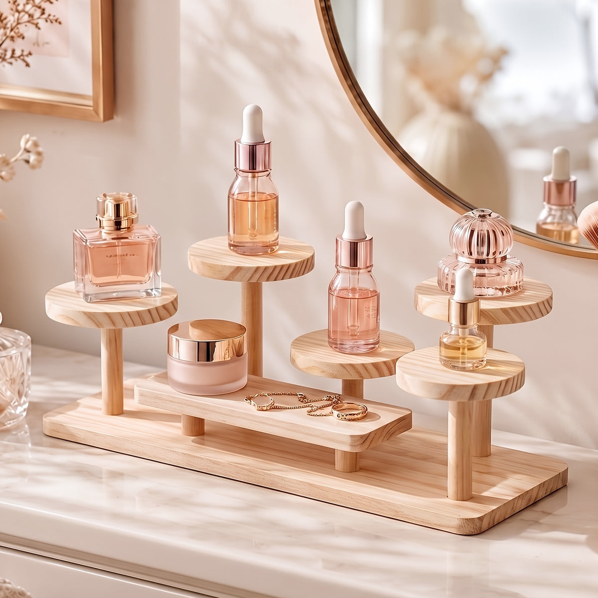 Multi-Tier Wooden Desk Organizer 5 or 6 Tray – Space-Saving Standing Shelf Rack for Cosmetics, Jewelry, Decor & Office Supplies