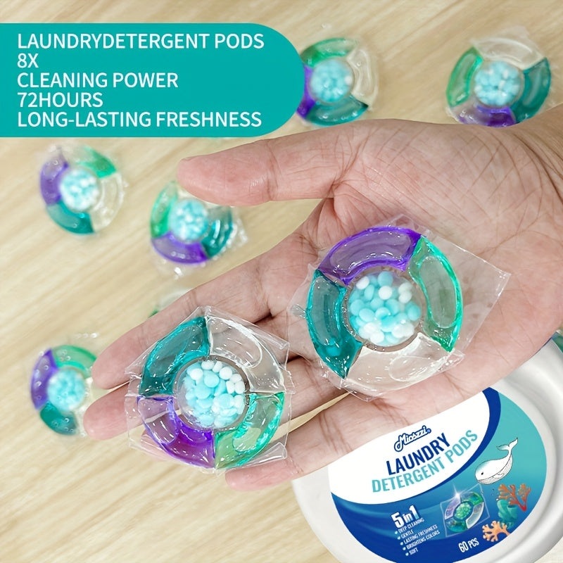5-in-1 Laundry Detergent Pods, Ocean Breeze Scent, 8X Cleaning Power – HE Compatible Stain & Odor Eliminator Liquid Capsules, Fabric Safe, 60 / 120 Count