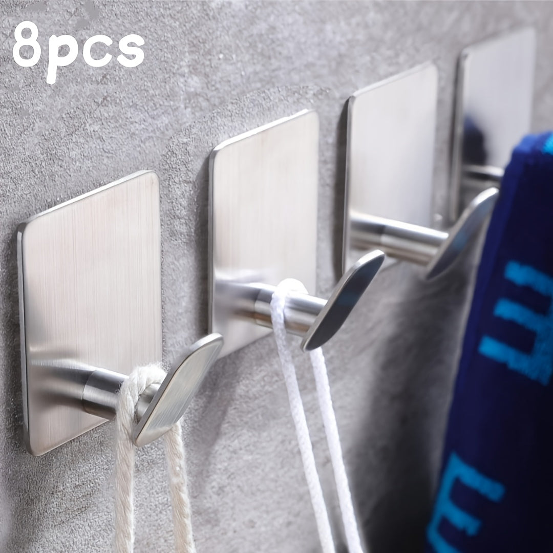 Self Adhesive Towel Hooks for Bathroom – 8-Pack Heavy Duty No-Drill Wall Mount Stainless Steel Sticky Wall Hanger for Robe, Clothes, Hat, Keys, Kitchen & Bathroom, Gold, Silver, White