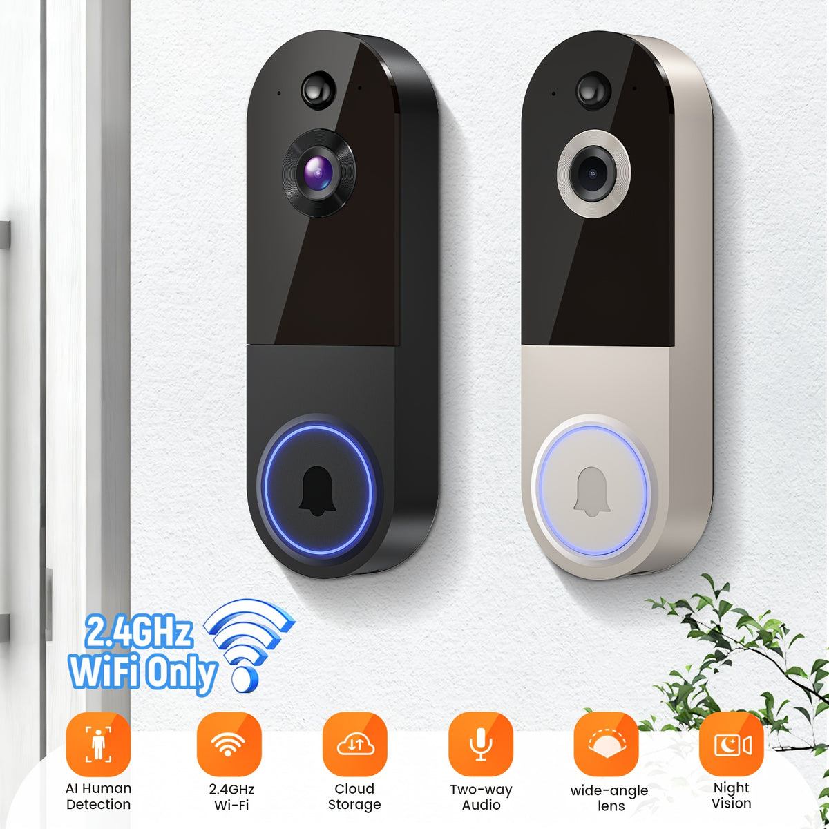 2K Smart Video Doorbell Camera – 166° Wide Angle, AI Human Detection, Two-Way Voice, Night Vision, Cloud Storage & 2.4G WiFi Wireless Doorbell for Home Security