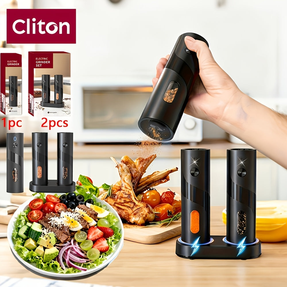 Electric Salt & Pepper Grinder Set USB Rechargeable with Charging Base, LED Grinding Light, Top-Fill Large Capacity – 1 or 2 Piece, Black & Green