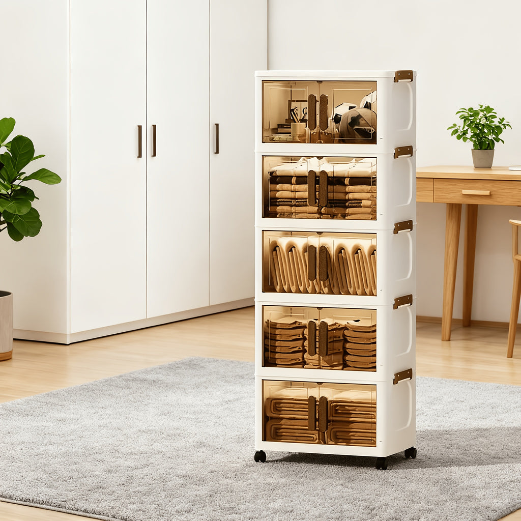 Stackable Plastic Drawer Organizer with Wheels 29 Gallon Extra Large Transparent Storage Cabinet – 3/4/5 Layer Foldable Drawers for Bedroom Closet Living Room