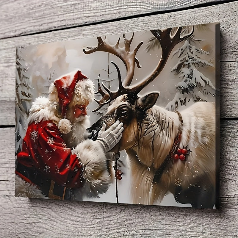 Santa Claus Petting Reindeer Framed Canvas Wall Art, Festive Pine Tree Scene 12x18in Solid Wood Frame – Bohemian Style Christmas & Holiday Home Decor for Living Room, Bedroom & Home Office