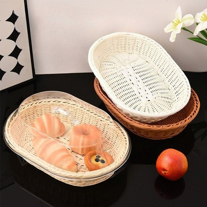 Oval Woven Rattan Bread Basket with Lid – Handcrafted Seagrass Food Basket for Serving, Storage & Display – Ideal for Bread, Fruit & Vegetables – Kitchen & Dining Decor, Tea & Beige