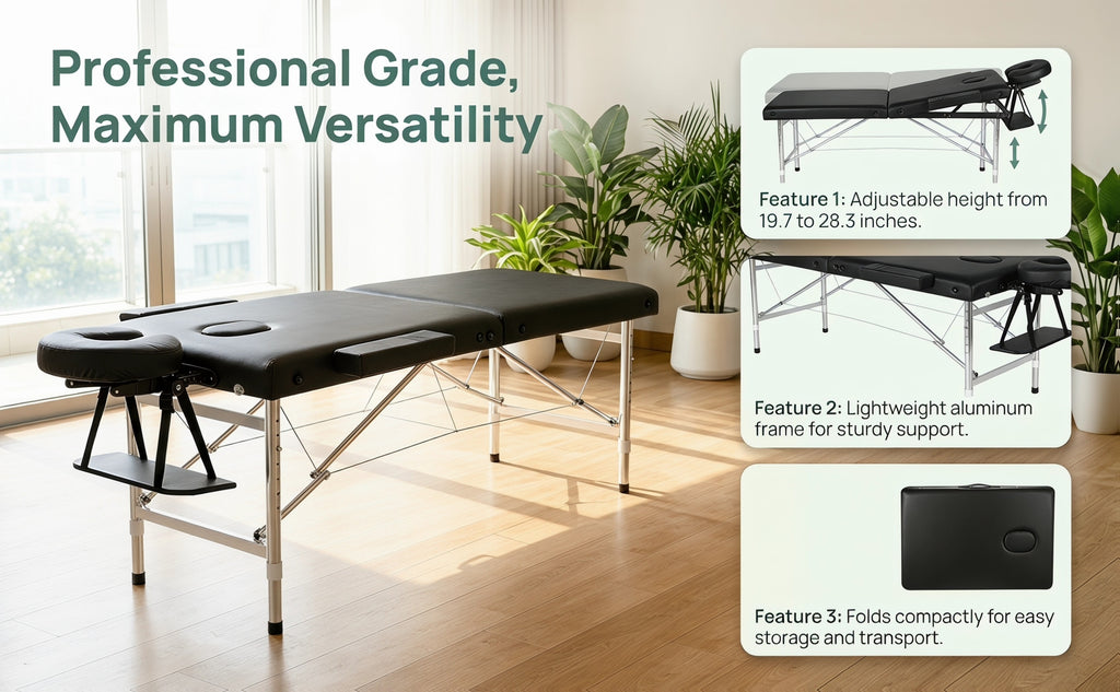 Portable Folding Massage Table Professional Lash Bed, Height Adjustable 8-Level Aluminium Legs, 30.9" Wide Tiltable Headrest for Spa Salon Tattoo Home Beauty