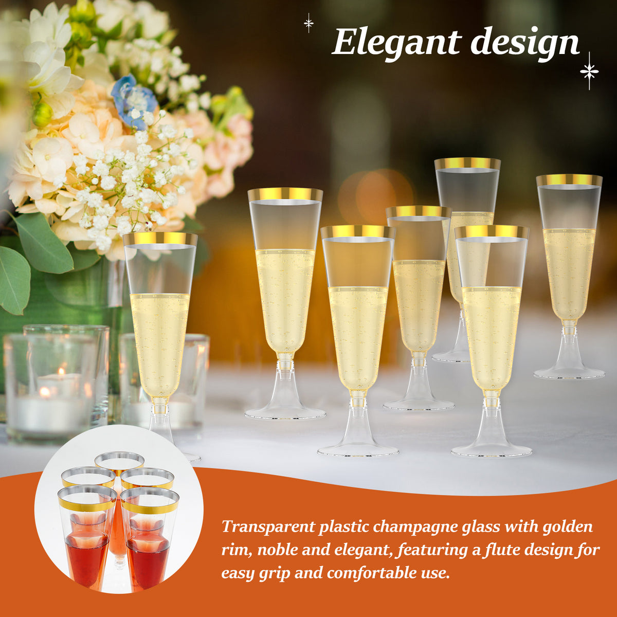 Plastic Champagne Flutes 50 Pack Gold Rim Shatterproof Reusable Wedding Party Glasses 5oz Clear PP Toasting Flute Set for Weddings Parties Buffets