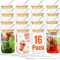 Mason Jar Drinking Glasses Set of 16 with Lids, Straws & Brushes - 18.7oz 550ml Reusable Glass Cups for Iced Coffee Water Family Gatherings