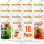 Mason Jar Drinking Glasses Set of 16 with Lids, Straws & Brushes - 18.7oz 550ml Reusable Glass Cups for Iced Coffee Water Family Gatherings