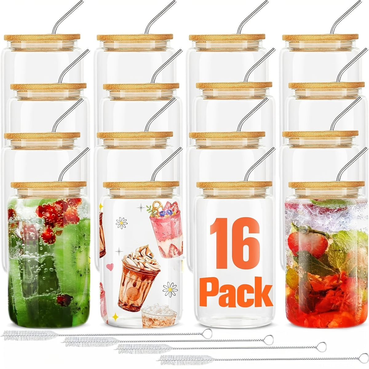 Mason Jar Drinking Glasses Set of 16 with Lids, Straws & Brushes - 18.7oz 550ml Reusable Glass Cups for Iced Coffee Water Family Gatherings