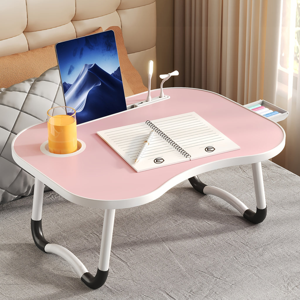 Portable Foldable Laptop Bed Table – Lap Desk with Cup Holder, Tablet & Card Slot, USB Option, for Bed Sofa Floor, Eating Reading Writing, 11 Styles