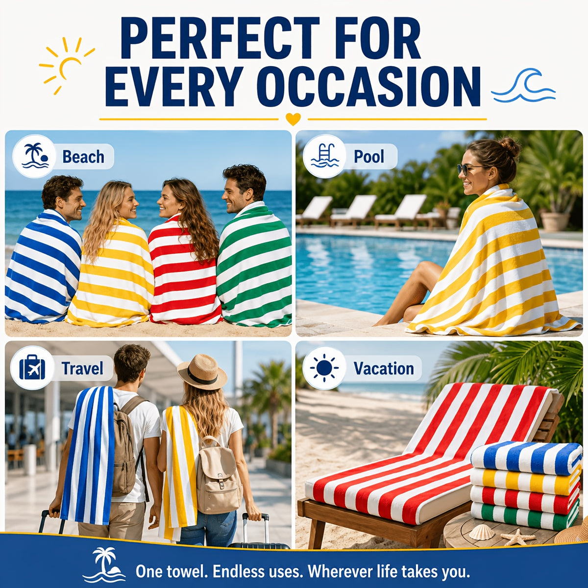 Oversized Striped Beach Towels 2 or 4pcs – Ultra-Soft Quick-Dry Sand-Free Vacation Design | Multiple Colors | Great for Beach, Swim, Travel, Yoga, Camping & Bath