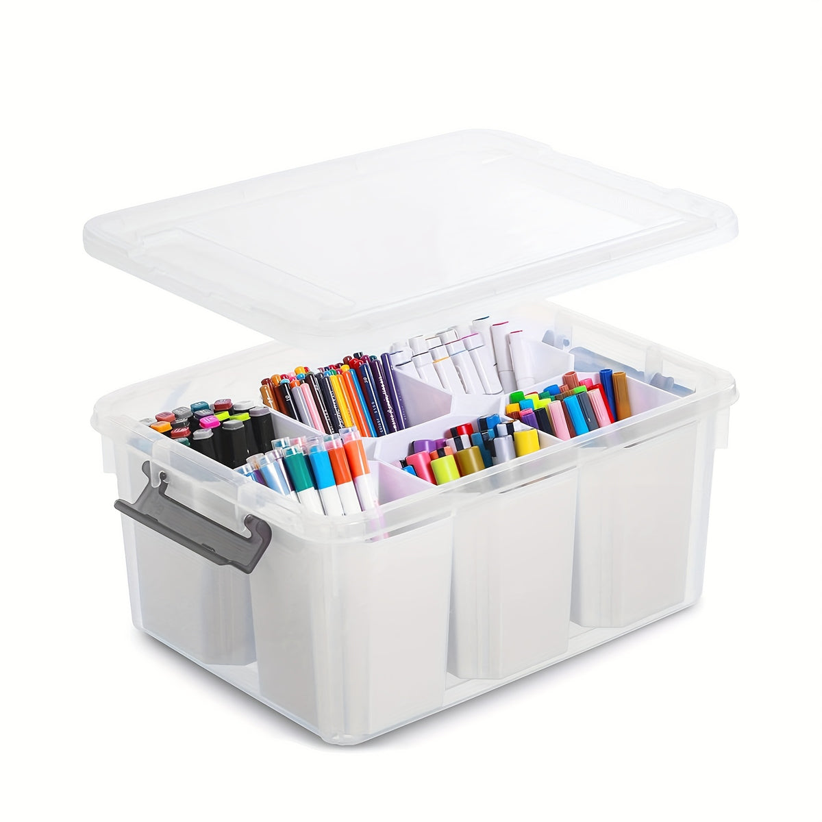 Clear Lid Desktop Storage Box with 6 Detachable Inserts – Stackable PP5 Plastic Organizer Bin for Office Desk, Dresser, Stationery, Jewelry, Cosmetics & Craft Supplies