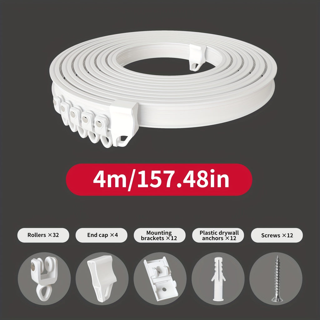Flexible Bendable Curtain Track Rail System with Metal Hooks – Adjustable Window & Shower Curtain Rod for Bedroom & Bathroom | White | 4 Sizes