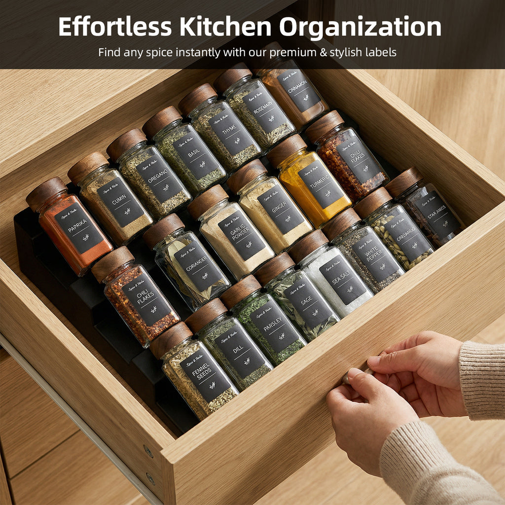 Glass Spice Jars Set with Acacia Wood Lids - 4oz Square Spice Bottles with Shaker Lids, Labels & Grinders for Kitchen Spice Storage and Organization