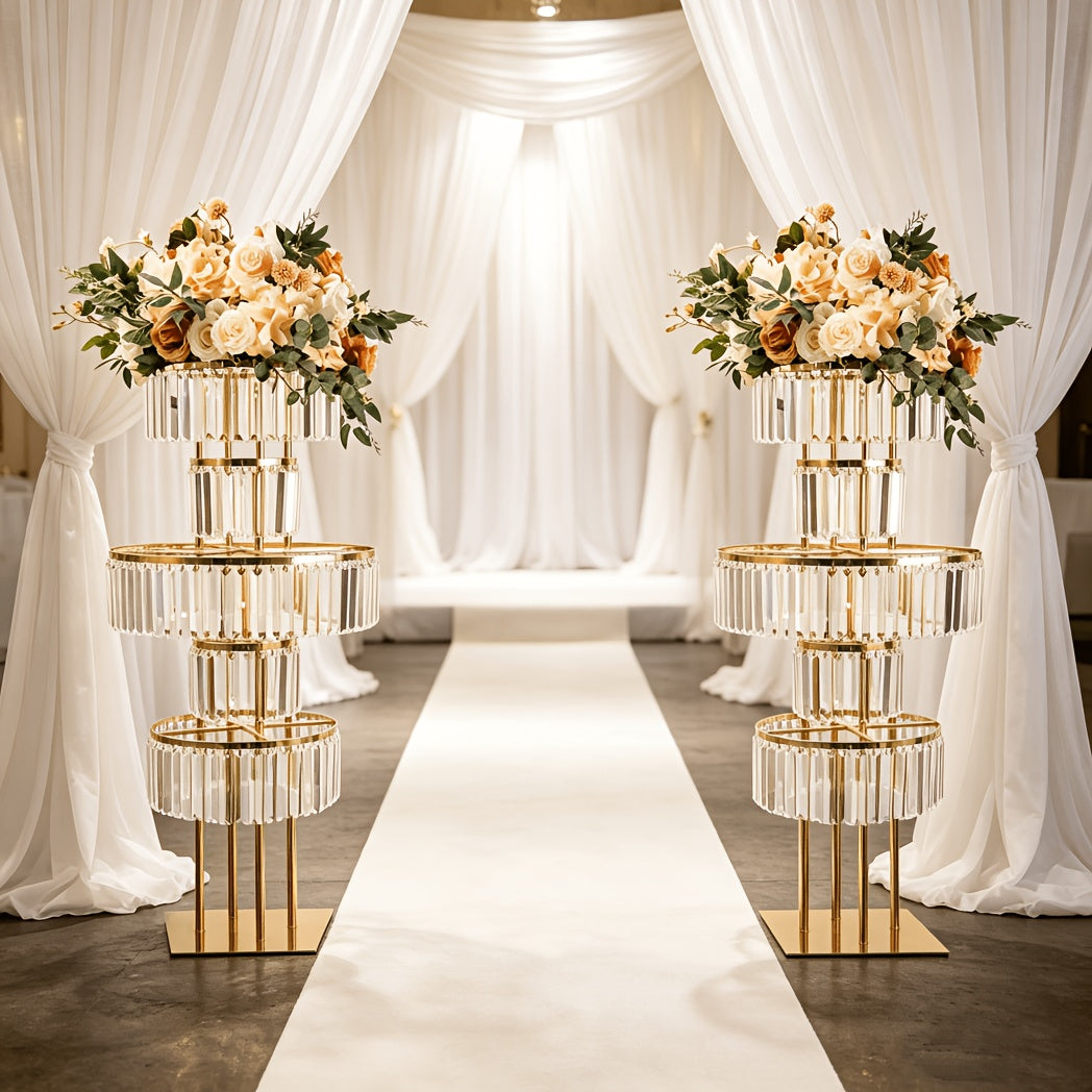 5-Tier Crystal Flower Stand with Hanging Crystals – Round Chandelier Base Wedding Aisle Centerpiece Floral Display for T-Stage Ceremony Party Event Decor