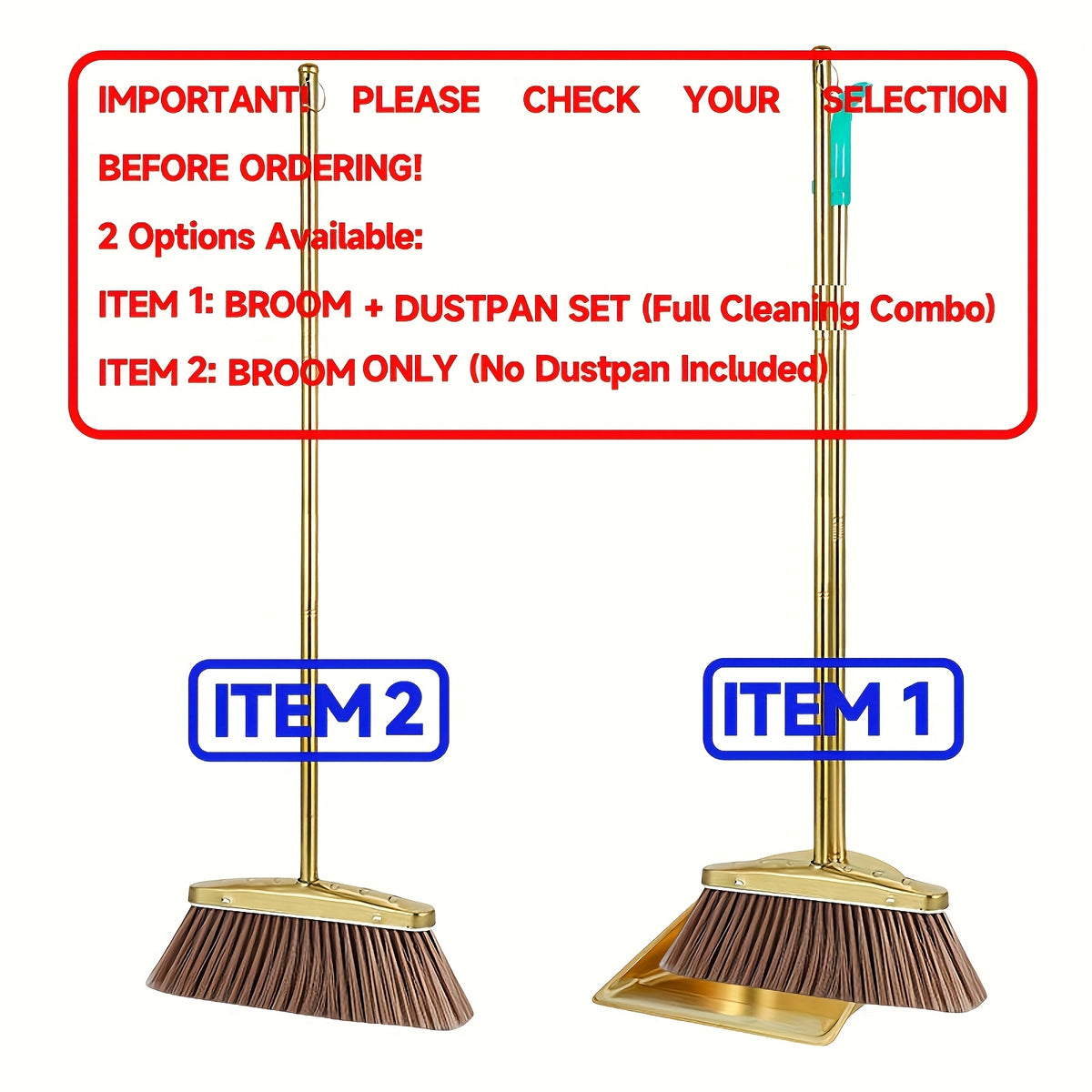Premium Golden Stainless Steel Broom with Microfiber Bristles & 15° Angled V-Edge Dustpan – Floor-Safe, Hair-Trapping, Rubberized Bumper for Indoor & Outdoor Sweeping | Broom Only or Set