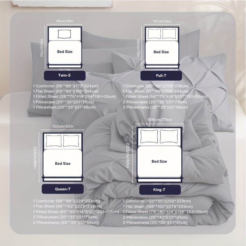 5/7pcs Pintuck Bed In A Bag Comforter Sets, Pinch Pleat Complete Bedding Sets with Comforter, Sheets & Pillowcases, Queen/King Size, All Season