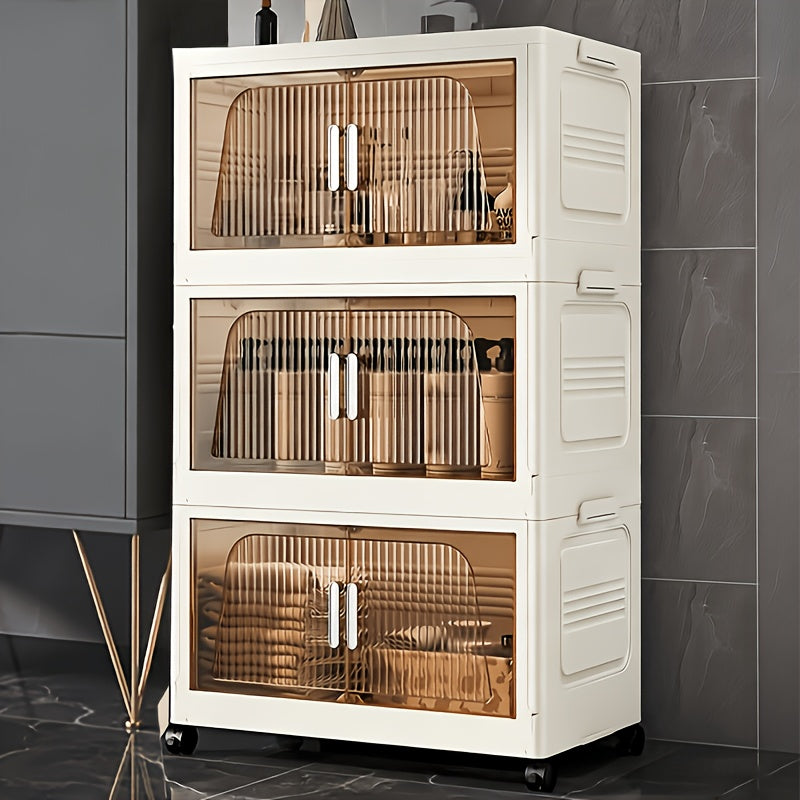 Stackable Foldable Storage Cabinet with Lids – Rolling Wardrobe Organizer 3/4/5/6 Tier with Magnetic Doors, 360° Wheels & Handles for Bedroom, Closet, Kitchen & Office
