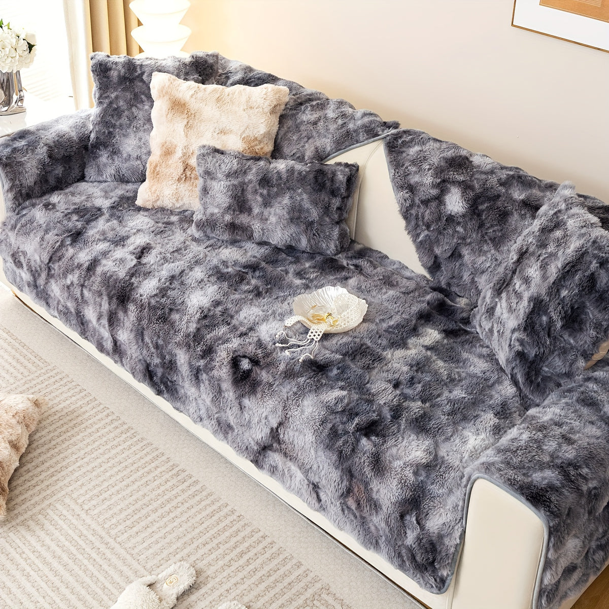Faux Lamb Fluffy Sofa Cover Modern Gradient – Thick Plush Pet-Friendly Polyester Sofa Protector, Machine Washable 450-500g Fabric for Single, Double, Triple & Combination Sofas