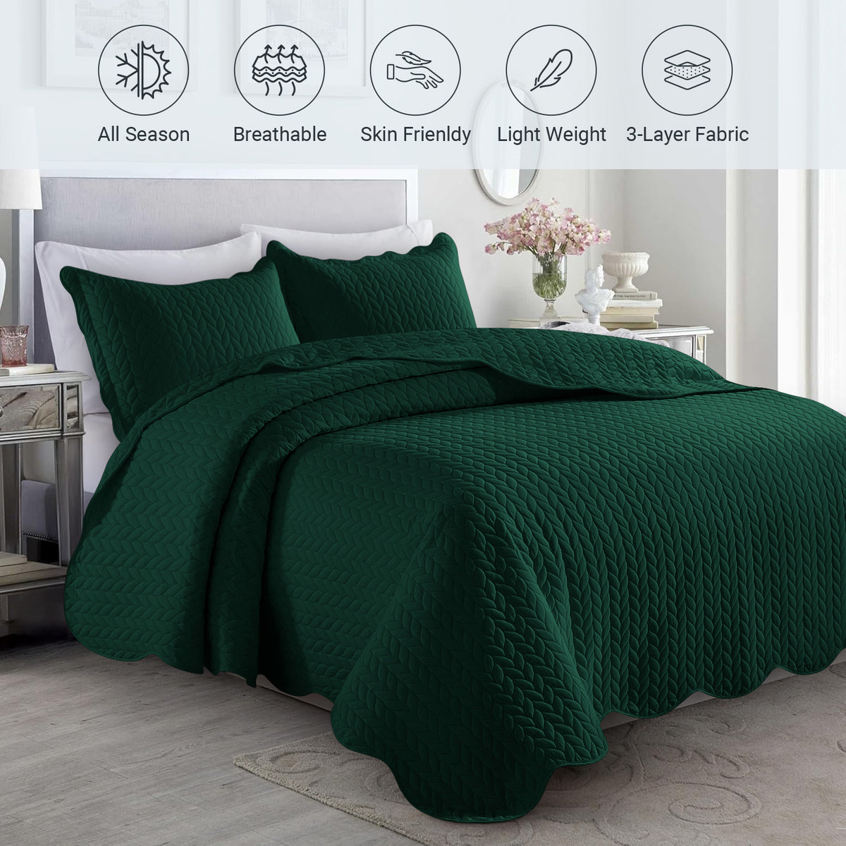 Microfiber Quilt Bedspread Set All Season Lightweight – Soft Breathable Quilted Coverlet Twin Full Queen King 16 Colors Machine Washable