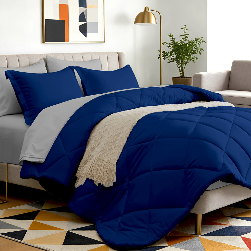 Bed in a Bag 7-Piece Double-Sided Checked Comforter Set – Ultra Soft Fluffy All Season Bedding with Flat Sheet Fitted Sheet Pillowcases Shams, Twin XL Full Queen King